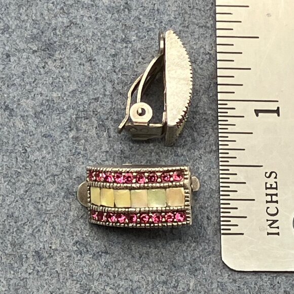 Vintage Clip-On Earrings 1 In Pink Rhinestones MOP Inlay Retro Bling Glam Curve - Picture 6 of 8
